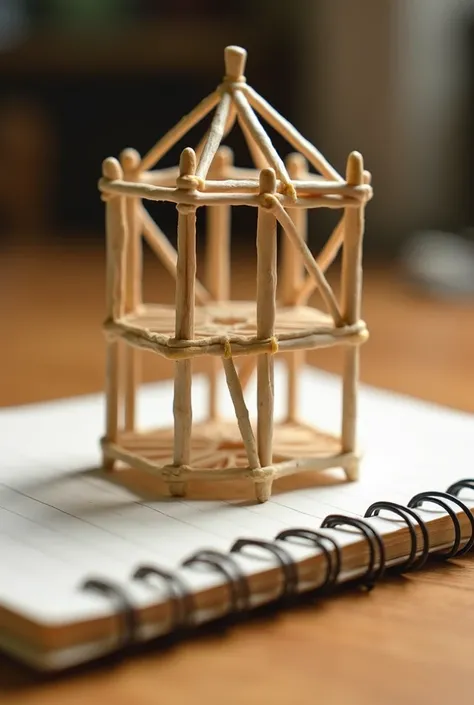 A small structure made of toothpicks connected by modeling clay, the structure needs to be on top of a notebook cover and also attached to it with clay. The notebook should be on a brown countertop