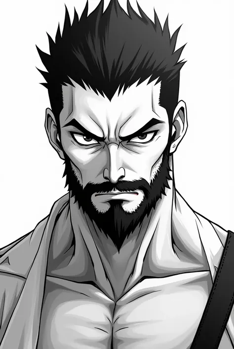 Black and white illustration of a realistic anime style male character with a beard and mustache, portrayed from the top of the head to the torso, with white background. Black and white illustration of a realistic anime style male character, portrayed from...