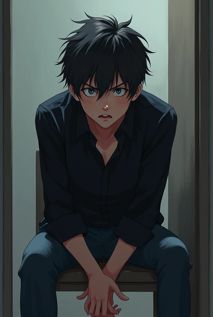 A teenage male in jeans, black blouse sitting on a chair having a paranoid attack, very scared and afraid, with eyes rolling with paranoia (anime style)