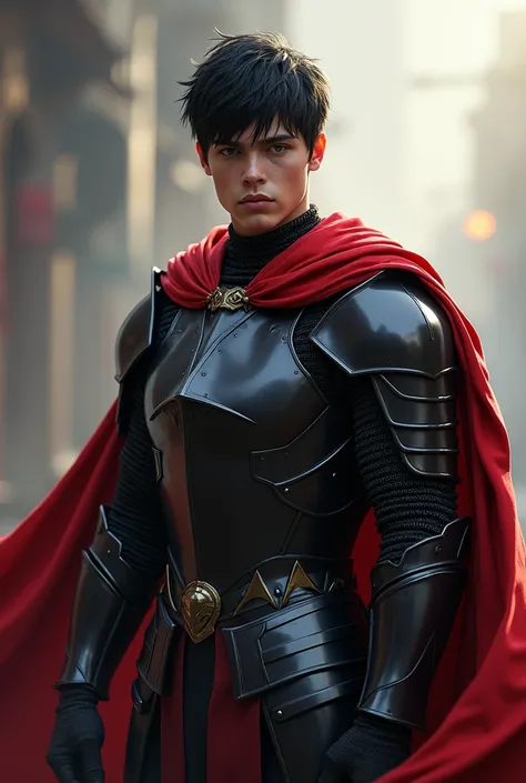 Young male knight with short black hair and wearing a black armor and a red cape