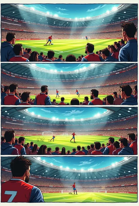 Give me a comic with four scenes where several people are at a football match, One of the players misses the goal and another gets injured.

