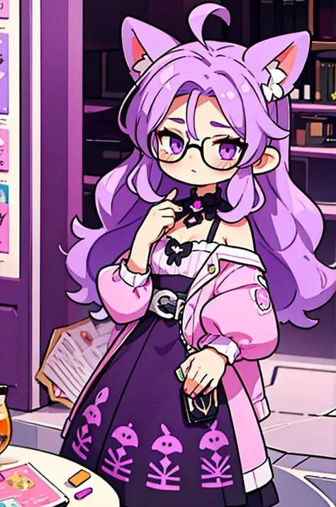 Pastel purple hair　Wavy Long Hair　Purple Eyes　Beauty　Purple dress　Black Glasses　library　Pink deer ears