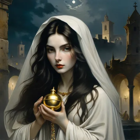 a very pale skinned european woman, covered by a white shroud with gold jewelry, she holds a golden bell in her hand , long dark...