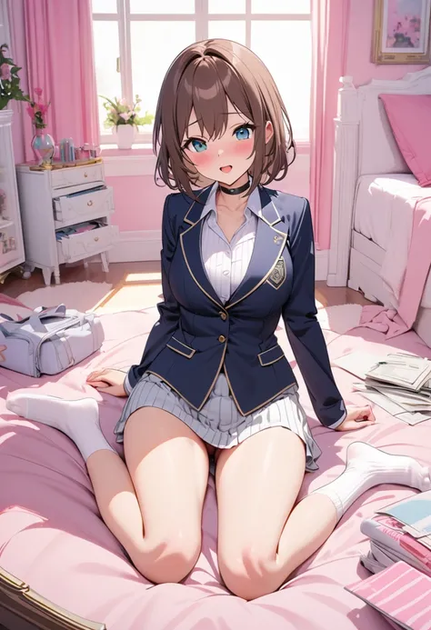 
NSFW, White ribbed short socks. blazer.Build something amazing, Black choker, Brown Hair　A wealthy, top-achieving high school girl.Relax in a cute pink room.No shoes allowed in the rooms.