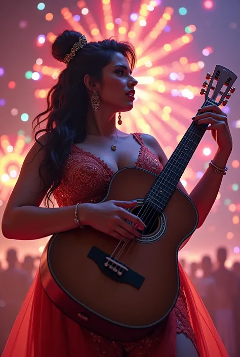 Voluptuous woman, with many lights, guitar, and sign Divina Vida
