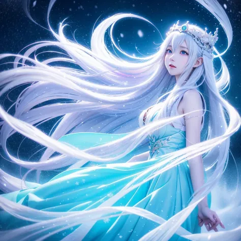 Anime girl with long white hair and blue dress in the snow, White-haired God, White hair floating in the air, Anime fantasy illustration, Flowing white hair, Beautiful young wind spirit, Beautiful fantasy anime, Shiny, flowing hair, Ethereal Anime, Beautif...