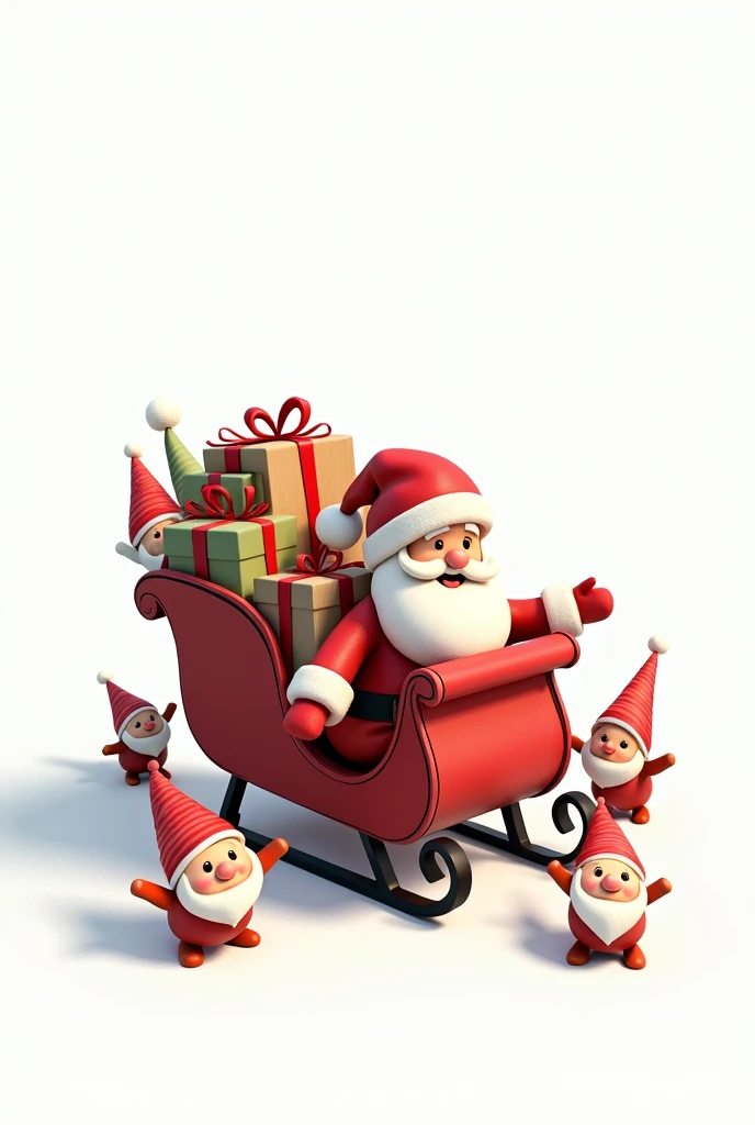 Papa Noel, with a sleigh full of gifts and gnome helpers, very cute, Natal, white background