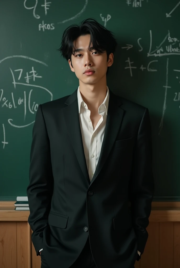 Create a sexy picture of BTS&#39;s Jungkook on a blackboard as a teacher. 

