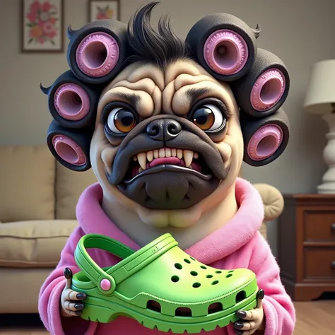 The image is a digital illustration of a pug dog wearing a pink robe and holding a green clog. The pug is standing in a living room with a beige couch and a lamp in the background. The dog has black hair rollers on its head and its mouth is open, showing i...