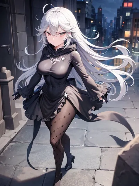 Masterpiece, best quality, ultra detailed, illustration, cinematic composition, 1 girl, Full body, 1, Depressed face, Silver eyes, Gray zippered hood, Blushing, Silver hair, Straight hair, long hair, ahoge, Bangs, Lock of hair covering her eye, Full body, ...