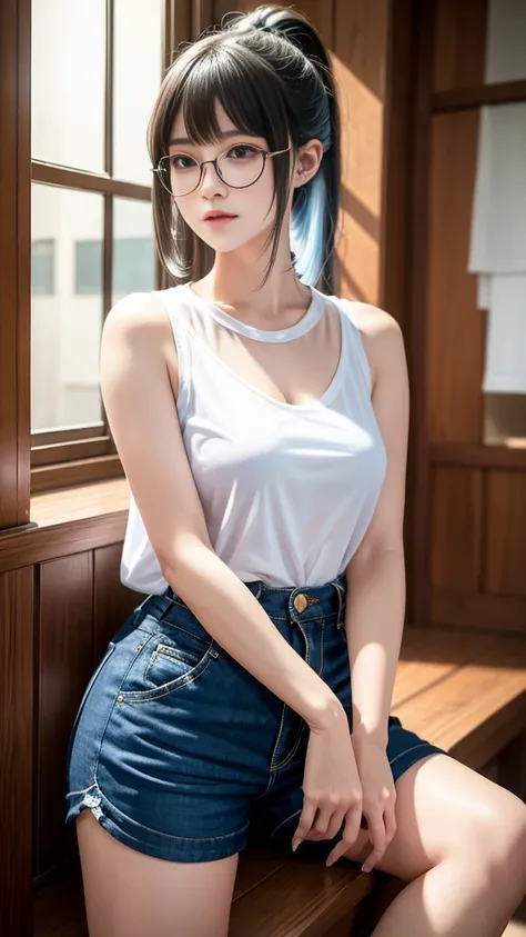 ，pixiv Art Street Guweiz，Single ponytail，insult，High Ponytail，tall，Long Legs，（Sleeveless lace shirt），（shorts），（stripe），（（stripe），Laura：Bright texture（1.35），High quality，masterpiece，Delicate facial features，Detailed hair depiction，Detailed depiction of the ...