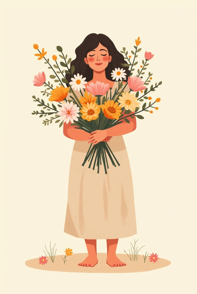 Draw a picture of a person that has to represent mental health and self-love., the person is hugging a bouquet of flowers easy to draw, the flat