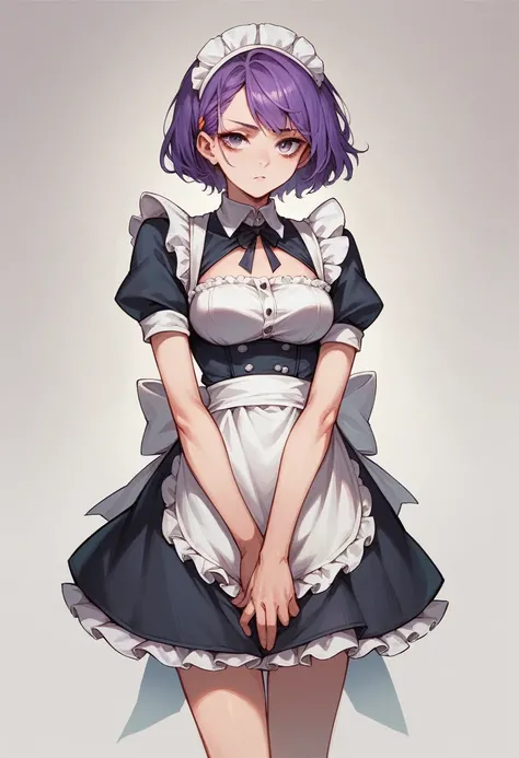 1 Girl,Maid uniform,Purple Hair,Short Hair,Sulky expression