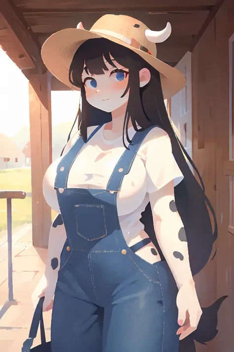 A hybrid cow girl Big Breasts, white skin with black spots, a white shirt and denim overalls with a loose strap, long hair, Black hair with white bangs, Cow&#39;s ears, Open mouth, blush, cow&#39;s tail, Bell on the neck tied with a red ribbon, the front p...