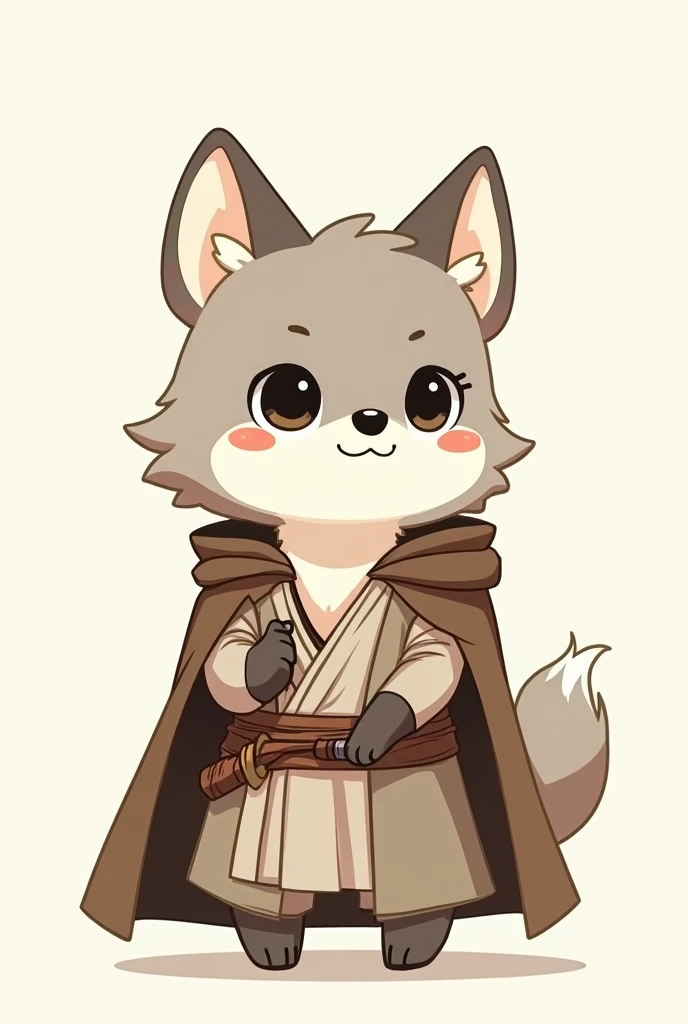 A chibi drawing of a wolf furry dressed as a jedi with a sword, tender and from head to torso