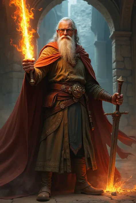 draw a wizard, wearing glasses, with fire power, wearing a cape and with a sword. Dungeons and Dragons style