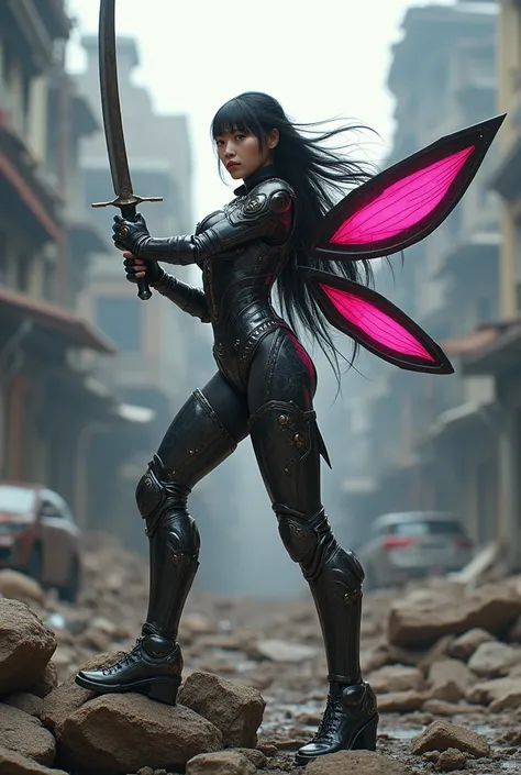 A pretty Asian girl 20yo, long black hair bang, ( lalisa style), wearing ultra-realistic armor cockroach shape made of carbon fibre glass and mechanical parts, inspired by cockroach wings with sharp, reflective edges. She wields a cockroach-shaped sword an...