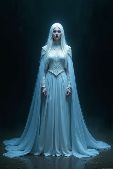 A realistic painting where a black background is used with the Narnia witch standing out in white and light blue colors, movie poster style. Also add the following quote   "Someday you&#39;ll be old enough to start reading fairy tales again.." - C.S. Lewis...