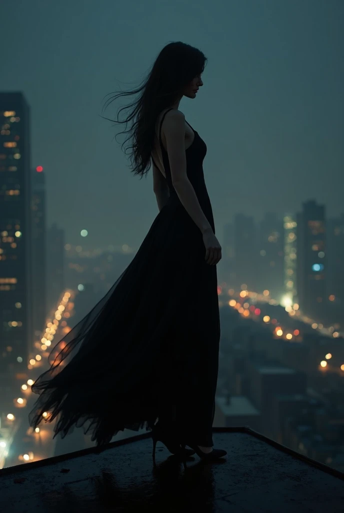 with long black dress,  black high heels,  On top of the building at night