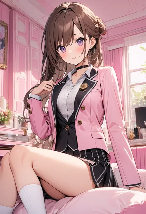 White ribbed short socks. blazer.Build something amazing, Black choker, Brown Hair　A wealthy, top-achieving high school girl.Relax in a cute pink room
