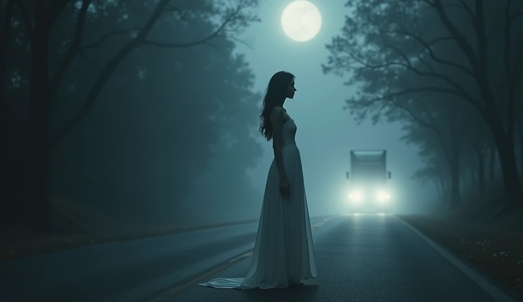 A woman in a long white dress, standing on an empty road at night, surrounded by dark trees, with a ghostly truck approaching in the distance, (best quality,4k,8k,highres,masterpiece:1.2),ultra-detailed,(realistic,photorealistic,photo-realistic:1.37),cinem...