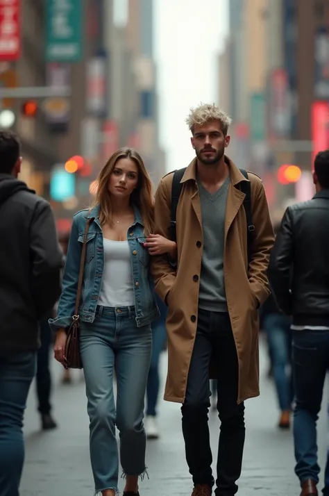 A young famous couple being photographed by paparazzi in a distant side perspective are walking down the street trying to avoid them 