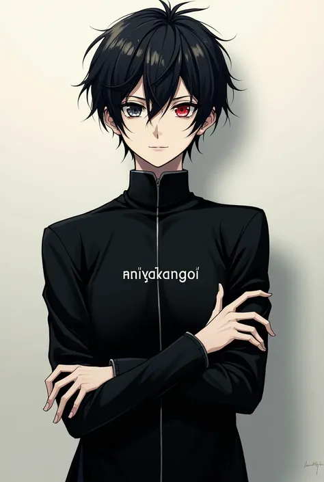 Tcolonolonolonolonolonolonolonolonolonolonolonolonolonolonolonolonolonolonolonolonolonolonolonolonola The Really Tall Short black haired anime boy with a right red eye and Left black eye wearing a black Gakuran Outfit, Crossed arms, Expressionless Look on ...