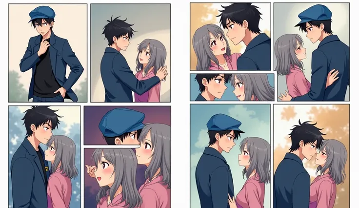 Create a comic with different scenarios in its frames of an anime love boy with semi-long black hair with a blue cap, blue coat and black pants and a girl with gray hair in a pink blouse and purple skirt