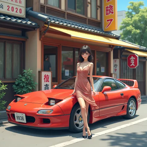 Japanese girl posing in front of 1990s Japanese sports car, car is parked in front of Japanese corner cafe, girl is wearing a shimmering sun dress