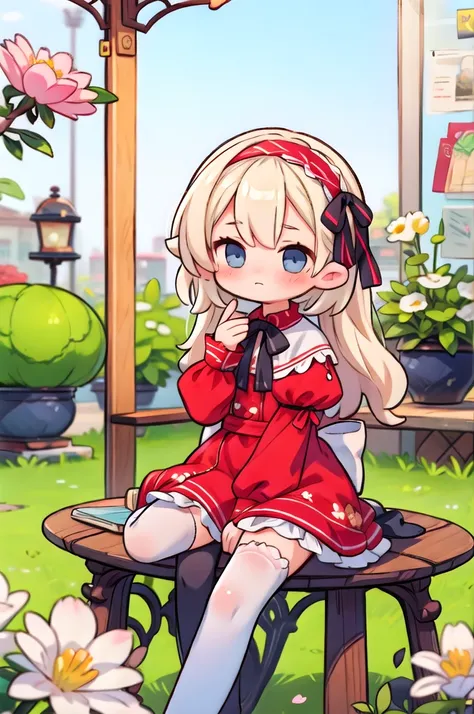 1girl, solo, thighhighs, dress, long sleeves, looking at viewer, red dress, blush, white thighhighs, petals,frills, sleeves past wrists, sitting, puffy sleeves, blurry, hand up, hairband, rose, flower, closed mouth, bow, hairband, ribbon, blurry foreground...