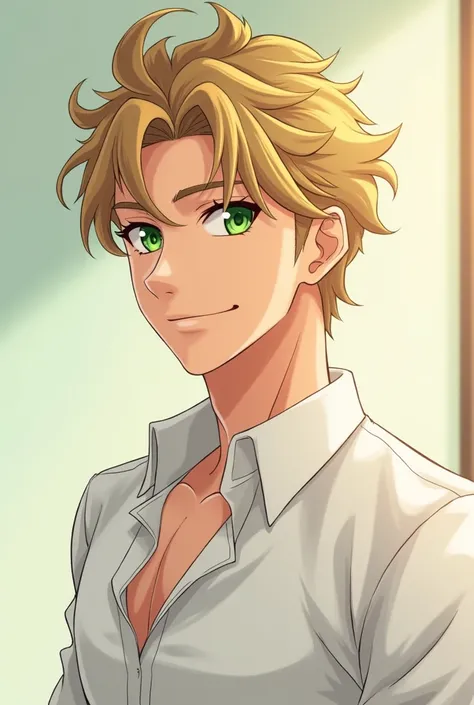 Handsome man, rubio, green eyes. Attractive smile. White shirt. version anime.