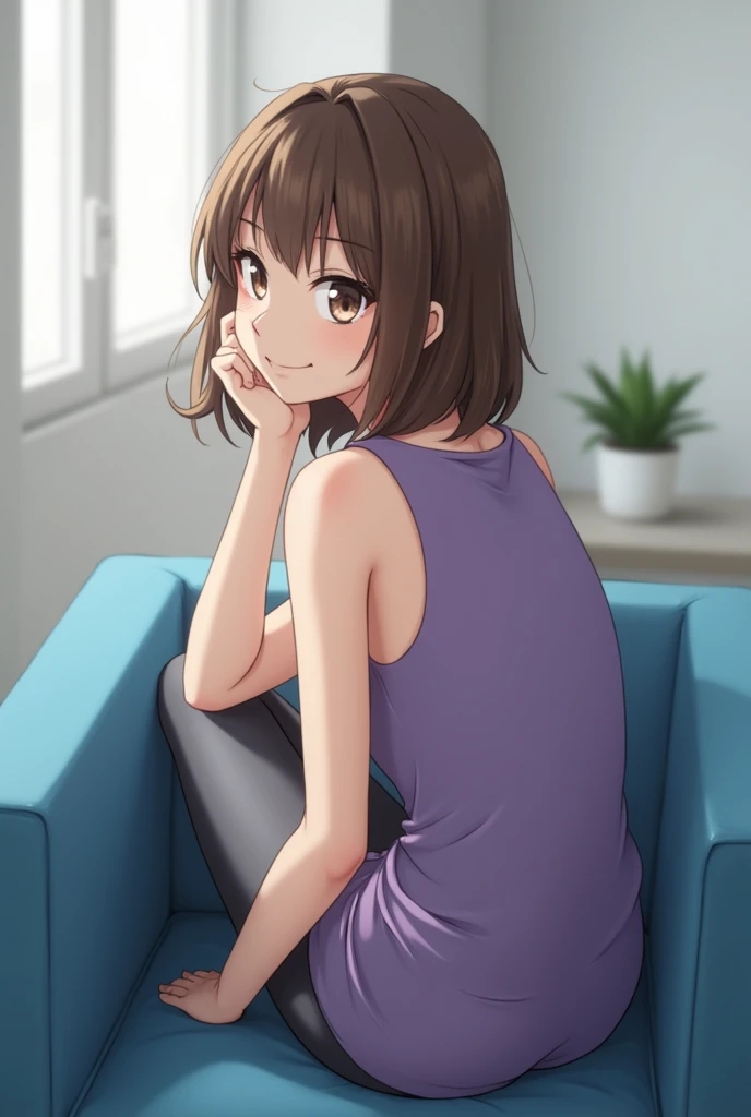 A woman with a butt facing the camera on a blue chair. She is wearing a purple tank top and has her legs crossed in front. The woman has shoulder-length brown hair and is looking directly at the camera with a slight smile on her face. Her hand is resting o...