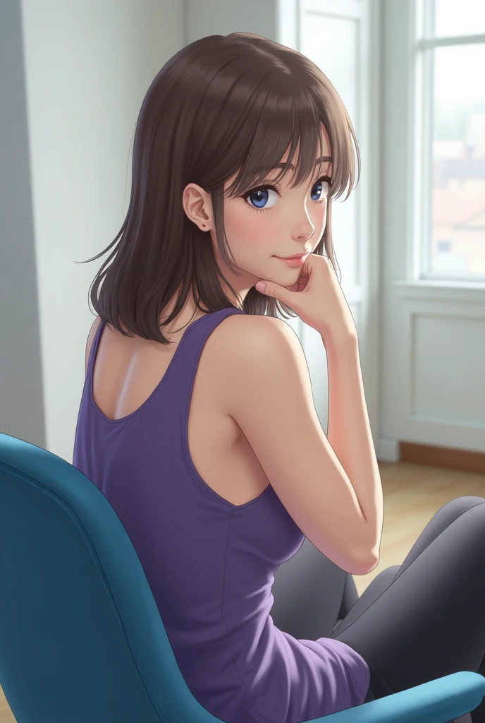 A woman with a butt facing the camera on a blue chair. She is wearing a purple tank top and has her legs crossed in front. The woman has shoulder-length brown hair and is looking directly at the camera with a slight smile on her face. Her hand is resting o...