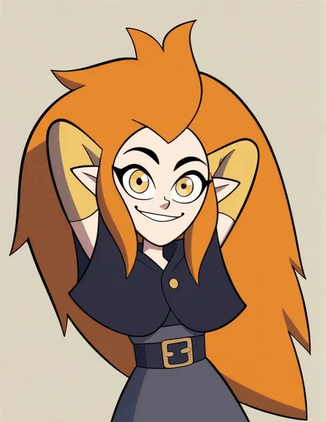 eda clawthorne, orange hair, long hair, yellow eyes, pointy ears,
, capelet, grey skirt, yellow sleeves, yellow leggings, 
smile...