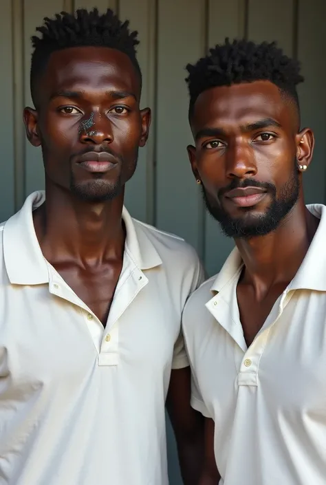 2 man, moreno, high, indigenous trait, sign on the nose, skinny with white polo shirt, no beard