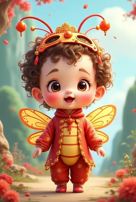 Baby with curly hair and light skin dressed as a Chinese insect, Disney version 