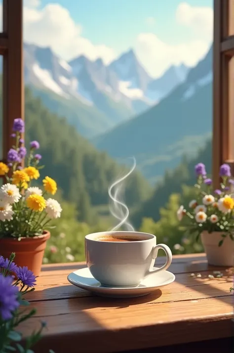 A cup of coffee sits on the table outside the window with mountain flowers.