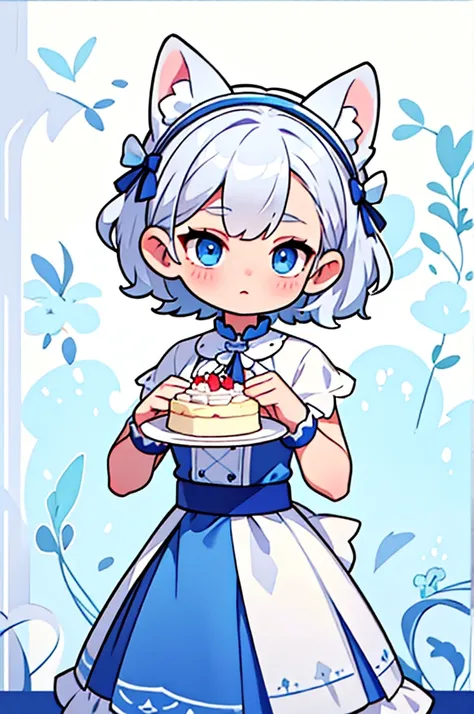 Silver Hair　Short Hair　Blue Eyes　Beauty　Blue dress　White dog ears　birthday　cake