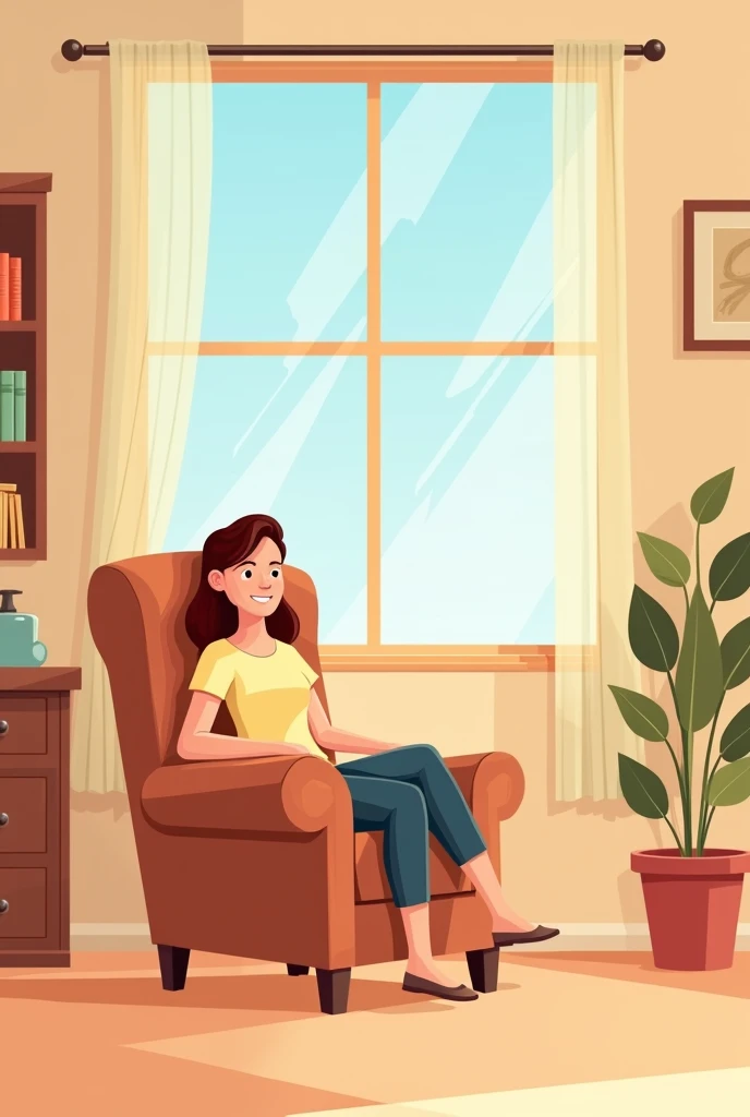 A warm-toned illustration of a person sitting in a cozy armchair, with a relaxed expression, in front of a window showing a clear sky. The background includes subtle elements such as books and a plant., giving a feeling of calm and tranquility. The image s...