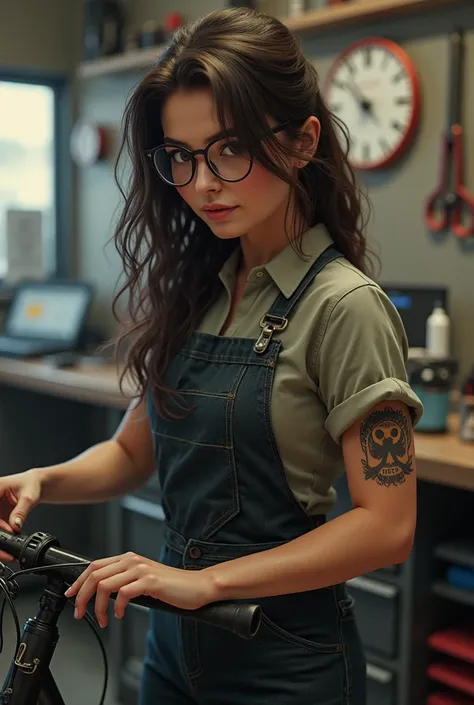 Female bike mechanic,.light brunette, long black hair , glasses, tattoo, weight 65 kg low, little strong