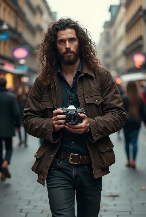 Create a male photographer with long curly hair