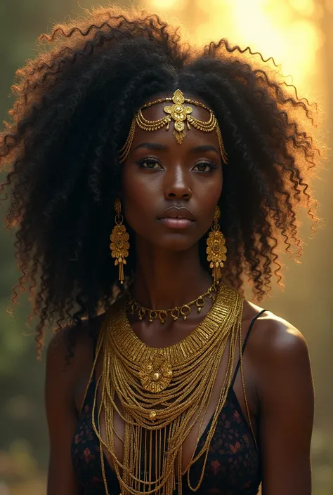 Orixa Oxum, dark-skinned black woman with gold jewelry on her face, African mythology, curly hair and yellow waterfall 