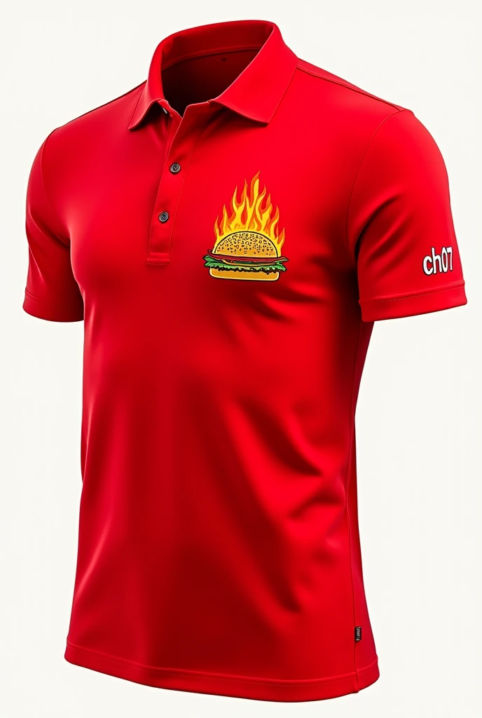 Please create a red polo shirt with a flaming hamburger on the chest. , and on the back it says CH07
