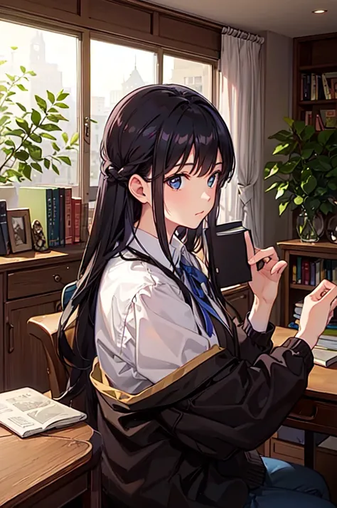 study,sunny,glass,bookshelf,desk,greenery,woman reading a book，scenic style,--ar3:4,--niji5  