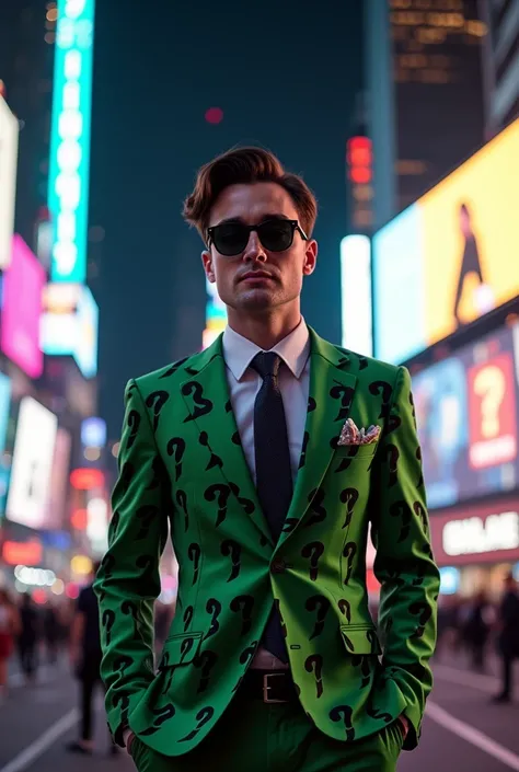 Daniel Radcliffe wearing a green and black questions marks printed in his suit wearing black sunglasses walking on the times square side walk, night time