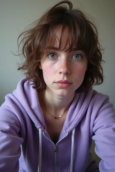 Sixteen year old German girl with short brown hair, blue eyes, and medium breasts is wearing a long purple hoodie (selfie)