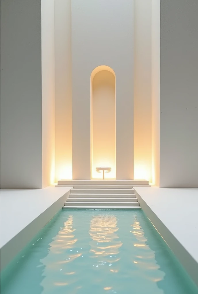 Make an image of an architectural model for the course on principles and fundamentals of sequential space architecture with the theme of spiritual recollection, keep it simple, And that light and water are the protagonists and that it has a height and that...