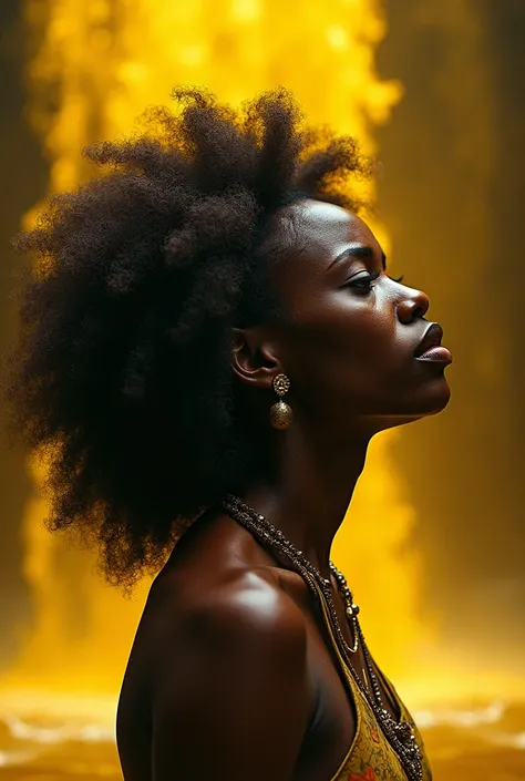 Orixa Oxum, black, dark African mythology, curly hair and crying in the yellow waterfall