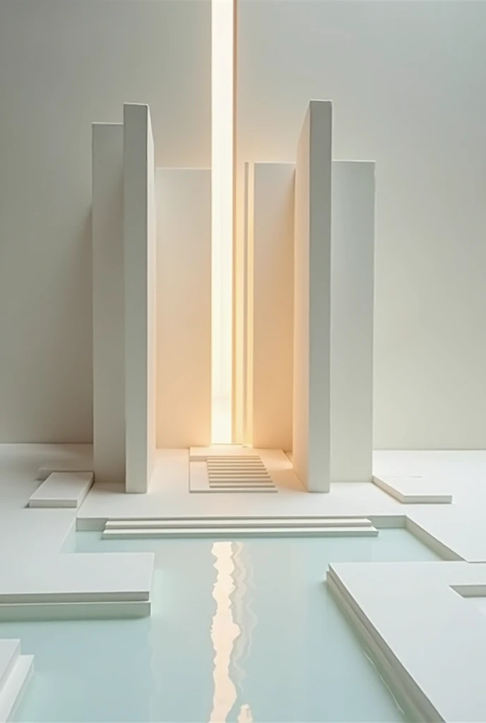 Make an image of an architectural model for the course on principles and fundamentals of sequential space architecture with the theme of spiritual recollection, keep it simple, And that light and water are the protagonists and that it has a height and that...