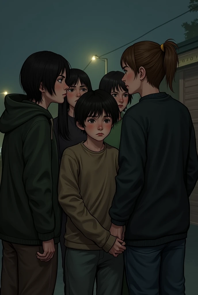 A boy with his group of friends, Saying goodbye to her friend, The boy with sad eyes and no hope
 